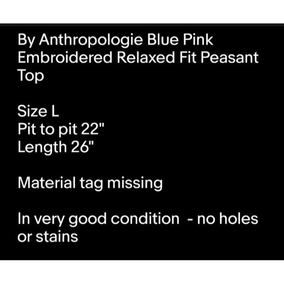 By Anthropologie Blue Pink Embroidered Relaxed Fit Peasant Top Sz L - Picture 6 of 6